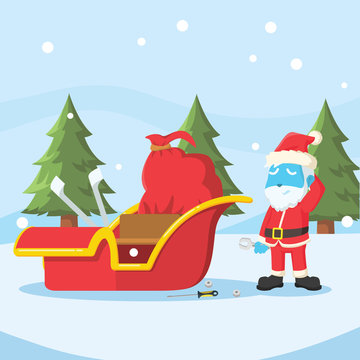 Blue santa repairing his sleigh– stock illustration
