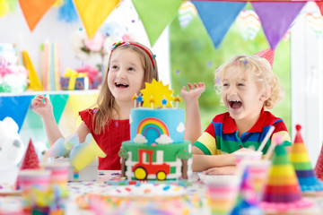 Fototapeta premium Kids party. Birthday cake with candles for child.