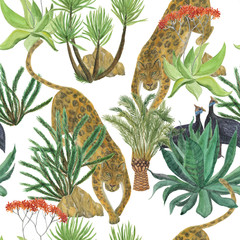 Watercolor painting seamless pattern with leopard and tropical plants