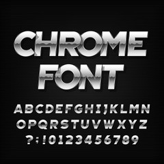Chrome alphabet font. Metallic effect oblique letters and numbers on a dark background. Stock vector typeface for your headers or any typography design.