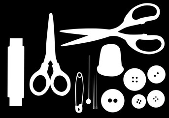 illustration with set of sewing items on black