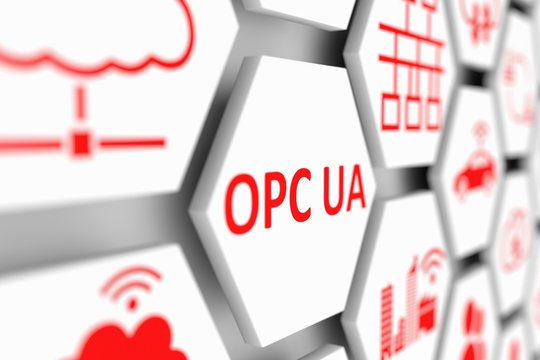 OPC UA concept cell blurred background 3d illustration