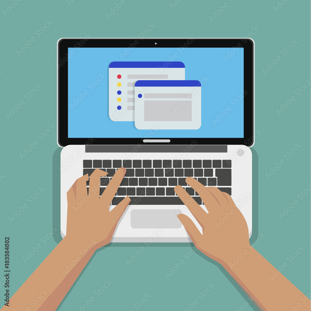 Poster flat hands typing on white keyboard with laptop computer and website on screen