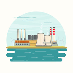 Vector Illustration of Nuclear Power Plant on Lake in flat style