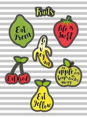 Cute set of fashion patches with fruits and lettering