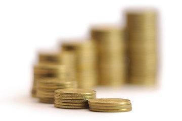 Stacks of golden coins from low to high isolated on white background. Financial growth concept