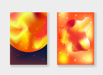 Modern bright red and orange cosmic backgrounds with gradient planets Sun and Mars, stardust and white connected stars for fashion flyer, brochure design. Creative posters set, covers design