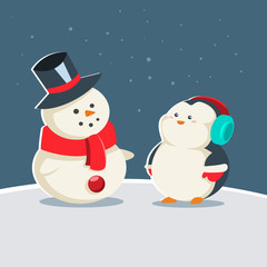 Сute baby penguin in winter warm clothes is standing near a snowman. Vector cartoon animal character. Winter illustration.