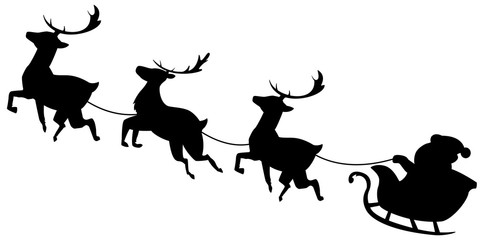 Santa Claus flying in sleigh with reindeer. Black silhouette Christmas illustration isolated on white background.