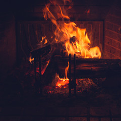 Burning wood in fireplace in a countryside house