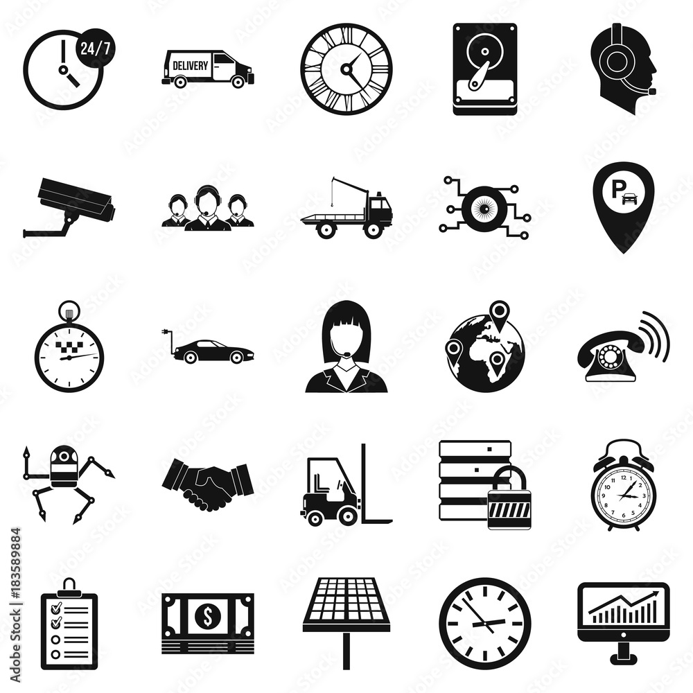 Poster working hours icons set, simple style