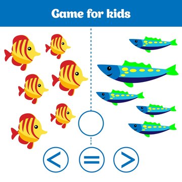 Education logic game for preschool kids. Choose the correct answer. More, less or equal Vector illustration. Theme mermaid sea, ocean, fish