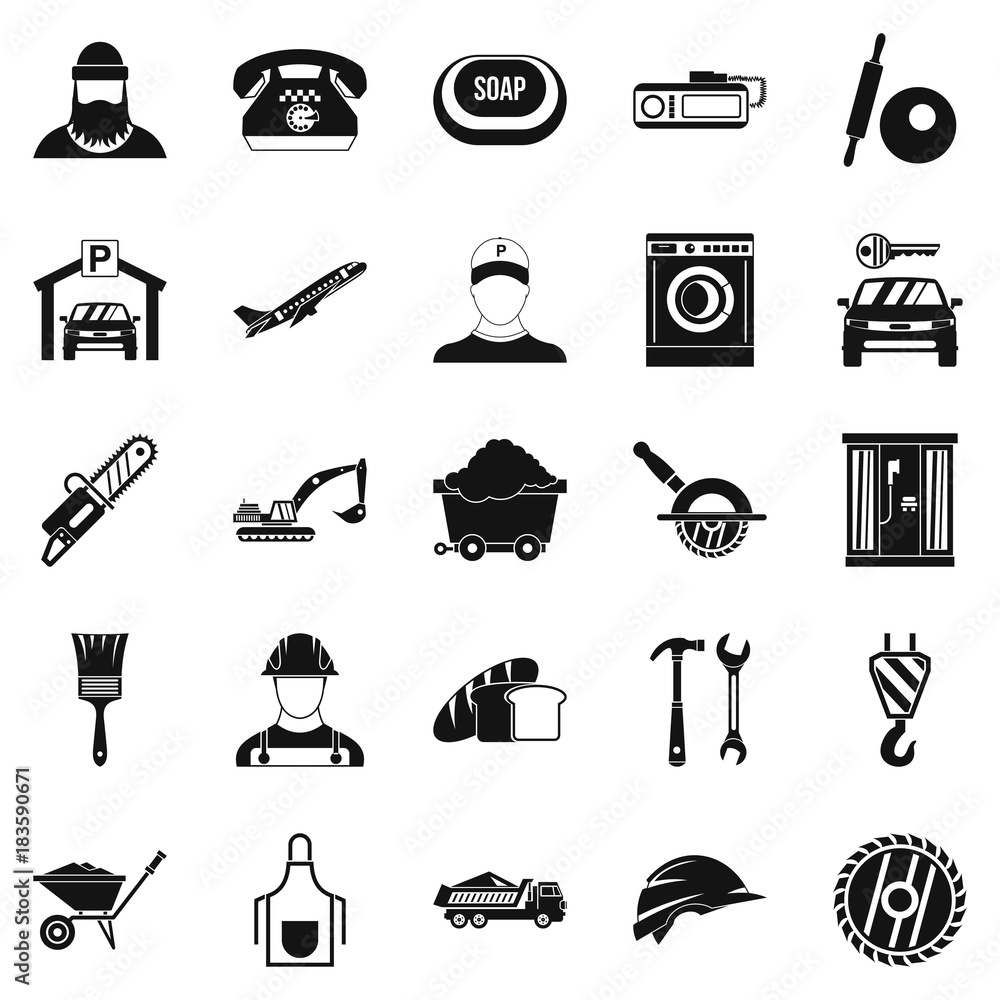 Poster working progress icons set, simple style