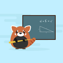 Anthropomorphic red panda - teacher standing with board and teaching of geometry theorem. Cute vector illustration