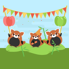 Cartoon illustration of three cute red pandas with balloons and falgs on green grass. Flat design for children
