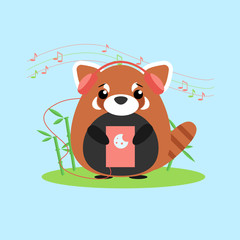 Vector illustration of anthropomorphic red panda who listens to music from device. Cute cartoon anime style