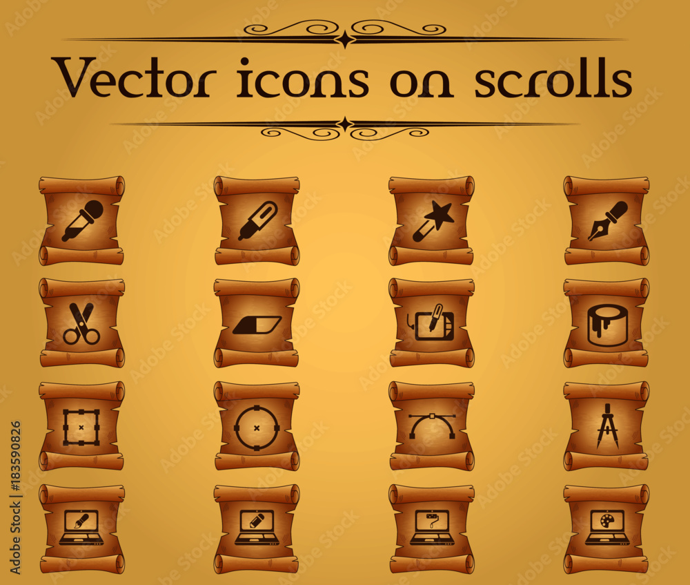 Poster design vector icons on scrolls for your creative ideas