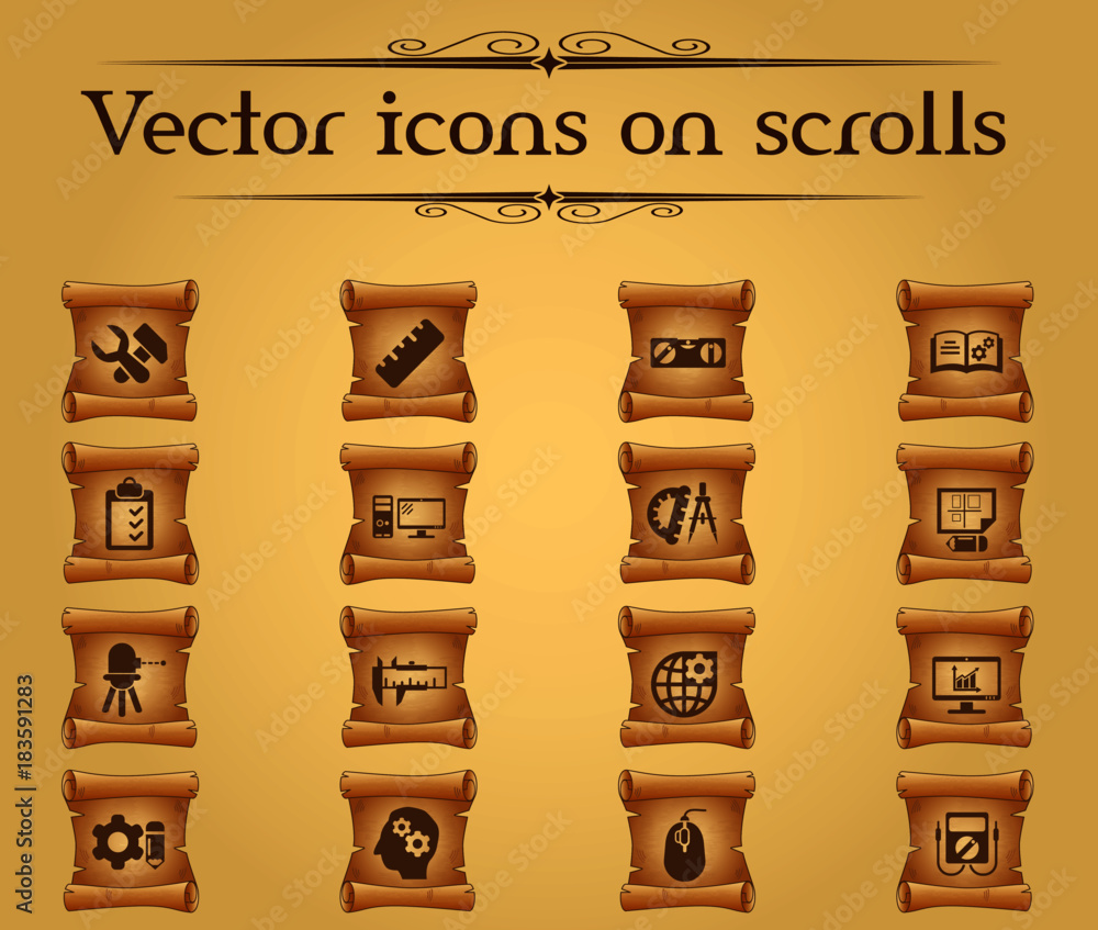 Poster engineering vector icons on scrolls for your creative ideas