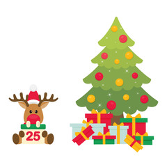 Naklejka premium cartoon christmas deer with calendar and fir tree