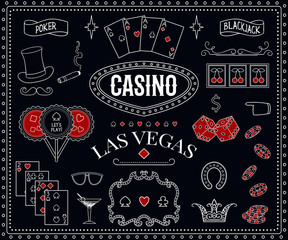 Fototapeta premium Casino theme. Decorative design elements on chalkboard. Gambling symbols. Vintage vector illustration