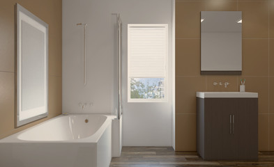 Fototapeta na wymiar Clean and fresh bathroom with natural light. 3D rendering. Empty picture