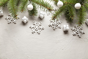 Christmas decorations - gifts, baubles and snowflakes on white background