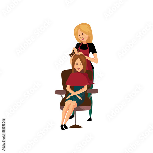 Female Hairdresser Combing Young Woman Professional Hair Stylist
