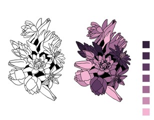 ręcznie rysowane kwiaty, kompozycja, kolorowanka z kwiatami dla dzieci