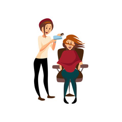 Hairdresser woman drying hair for her client with hairbrush and hair dryer, professional hair stylist at workplace cartoon vector Illustration
