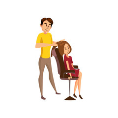 Fototapeta premium Male hairdresser making hairstyle to young woman, professional hair stylist at workplace cartoon vector Illustration