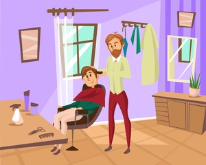 Male hairdresser cutting hair of young man with hair clippers in barbershop, hair stylist in hairdressing salon cartoon vector Illustration