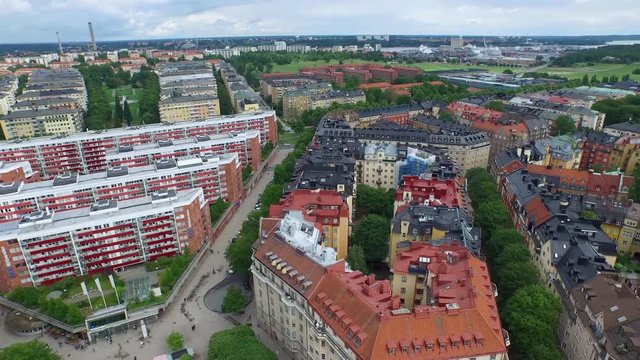 Aerial of the Karlaplan Park, Square and Fountain, located in the city of Stockholm, Sweden.