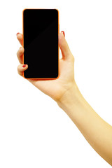Female hand with mobile phone isolated on white background. Smartphone with orange case and black screen, caucasian woman with red nails holding her device