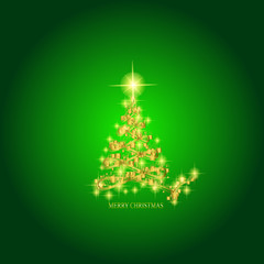 Abstract background with gold christmas tree and stars. Illustration in green and gold colors.