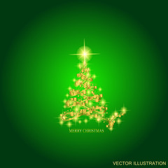 Abstract background with gold christmas tree and stars. Illustration in green and gold colors.Vector illustration.