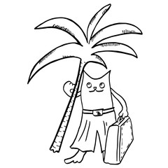 Cartoon cat with suitcase and palm tree in his hand. Summer holidays, vacation, trip. Graphic illustration with funny cat for travel posters, prints, clothes, banners, advertising, coloring book pages