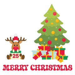 cartoon christmas deer with calendar and fir tree vector