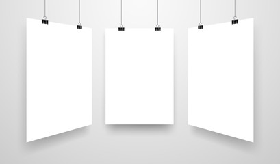 Mock-Up Realistic White Poster Hanging. Empty White Vector Poster Template.
