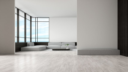 Modern interior living room wood floor sofa set sea view summer 3d rendering. waiting area empty wall.