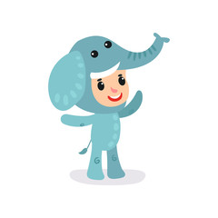 Toddler child in blue elephant jumpsuit. Little boy or girl character having fun at children party. Kid wearing animal costume. Flat vector for banner, card, website