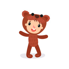 Comic boy or girl character in plush brown bear costume. Child wearing animal carnival jumpsuit. Flat vector design for invitation card, poster, kid project
