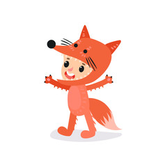 Preschool kid dressed in fox costume. Boy or girl character having fun at children s party. Child wearing colorful animal costume. Flat vector for getting card, sticker or poster