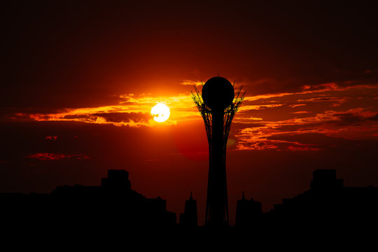 Silhouette Bayterek tower in Astana capital of Kazakhstan on beautiful sunset