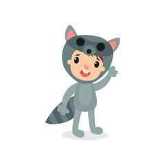 Cartoon joyful kid wearing raccoon jumpsuit. Cartoon child character in animal festive costume. Isolated flat vector design