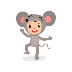 Little kid with happy face expression in mouse costume. Animal jumpsuit. Cartoon child character in action. Flat vector design for banner, postcard, poster or print