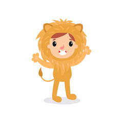Obraz na płótnie Canvas Adorable toddler in lion costume. Little king of jungle standing with hands up. Children animal jumpsuit for Halloween party. Flat vector design for banner, sticker or poster