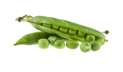 green peas isolated on white background closeup