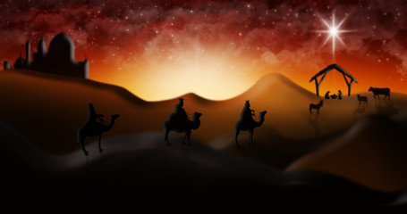 Fototapeta na wymiar Christmas Nativity Scene Of Three Wise Men Magi Going To Meet Baby Jesus in the Manger with the City of Bethlehem in the distance Illustration