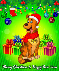 Cartoon cristmas dog with gift boxes on green background.
