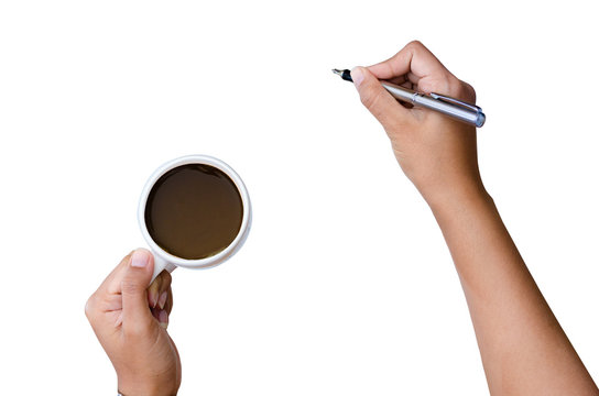 Close Up Of Women Arm Writing With Metallic Pen. Isolated On White Background Hand Holding A Pen On White Background Coffee Cup Hand